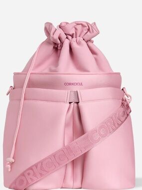 Corkcicle Pink Drawstring Bucket Crossbody with Logo Strap